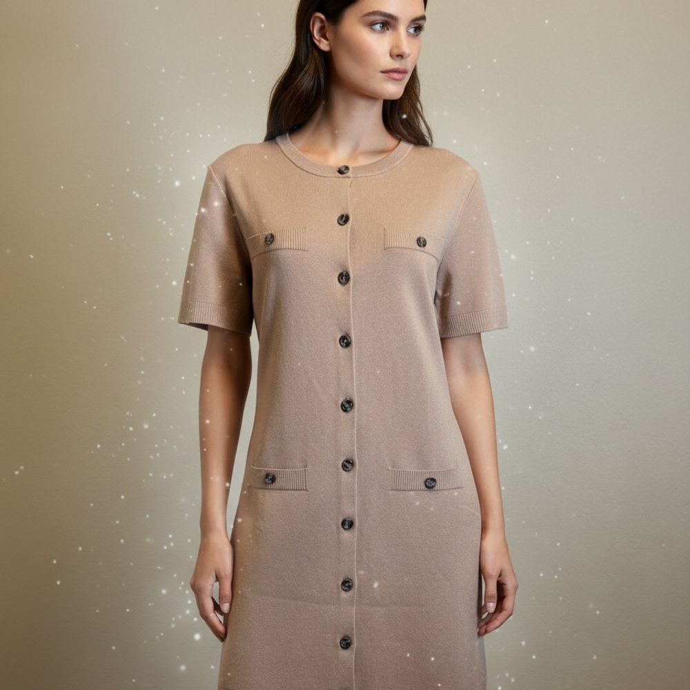 H&M Women’s NWT Stylish Dark Beige Knit Button Front Mini Dress Large